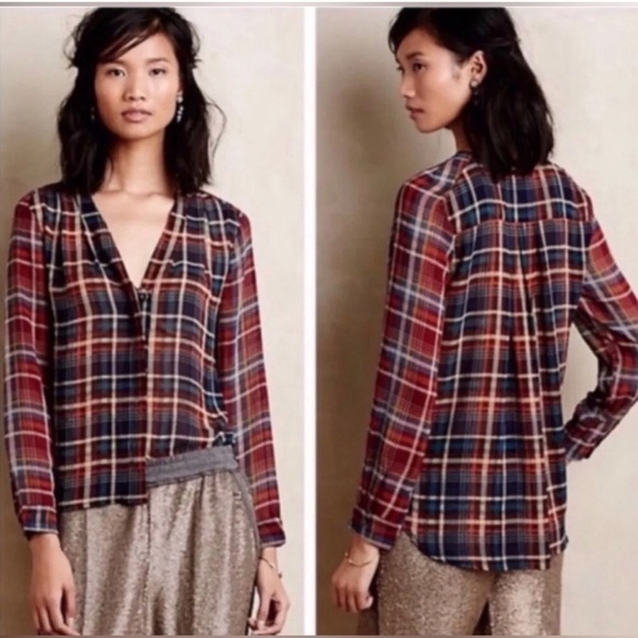 Anthropologie Maeve Plaid Sheer Button Up Blouse Size Small - Picture 5 of 10